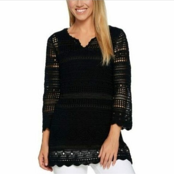 Laurie Felt Tops - NWT Laurie Felt Black Crochet V-next Tunic 3/4 Sleeves - Size XL